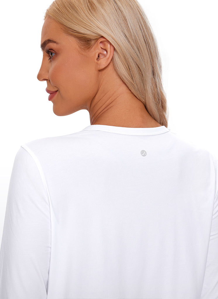 CRZ YOGA Women's Yoga Loose Fit Tops Pima Cotton Cropped Long Sleeve White