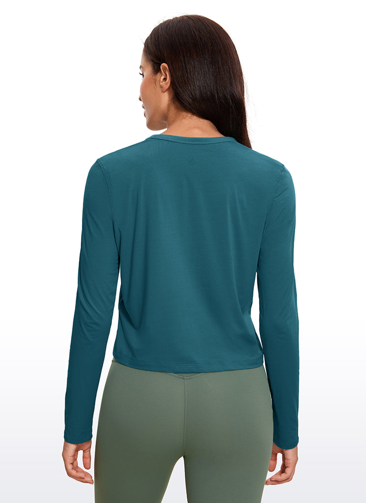 CRZ YOGA Women's Yoga Loose Fit Tops Pima Cotton Cropped Long Sleeve Borealis Green