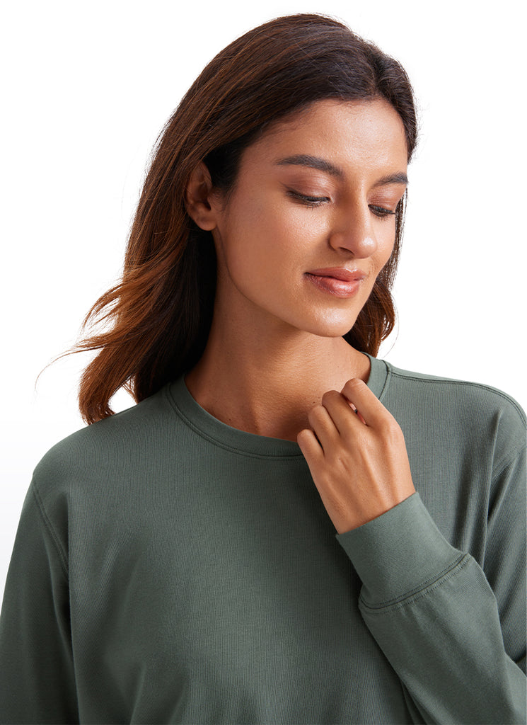 CRZ YOGA Women's Pima Cotton Long Sleeve Shirts Crew Neck Casual Tops True Navy