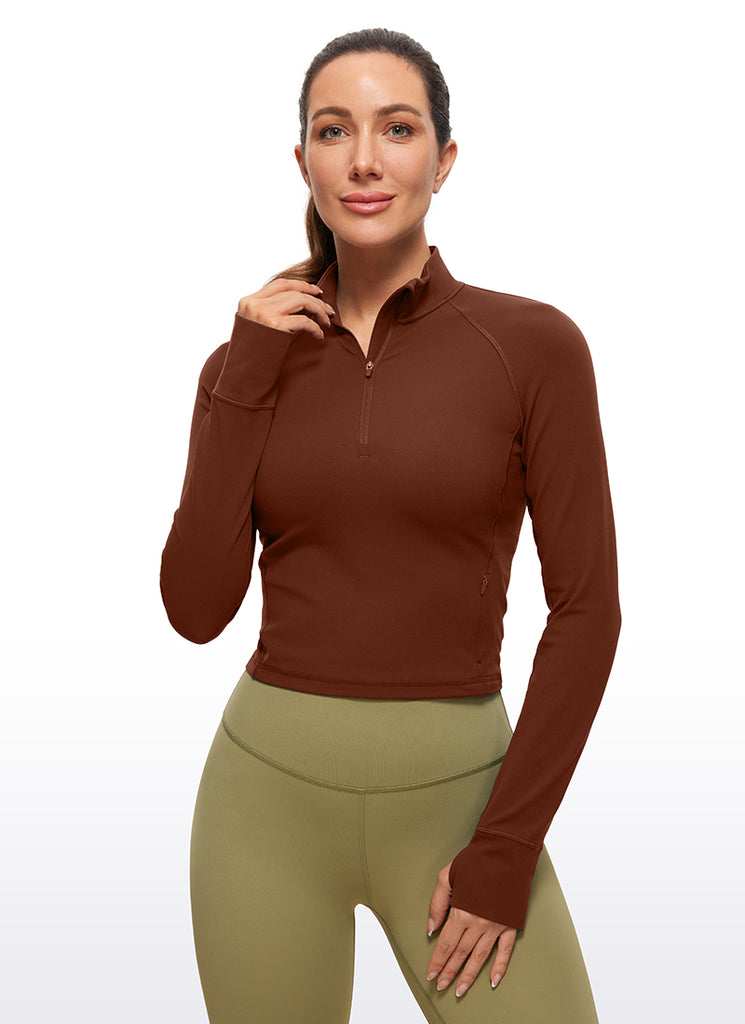 CRZ YOGA Women's Yoga Slim Fit Tops Butterluxe Half-Zip Long Sleeve Jujube Brown