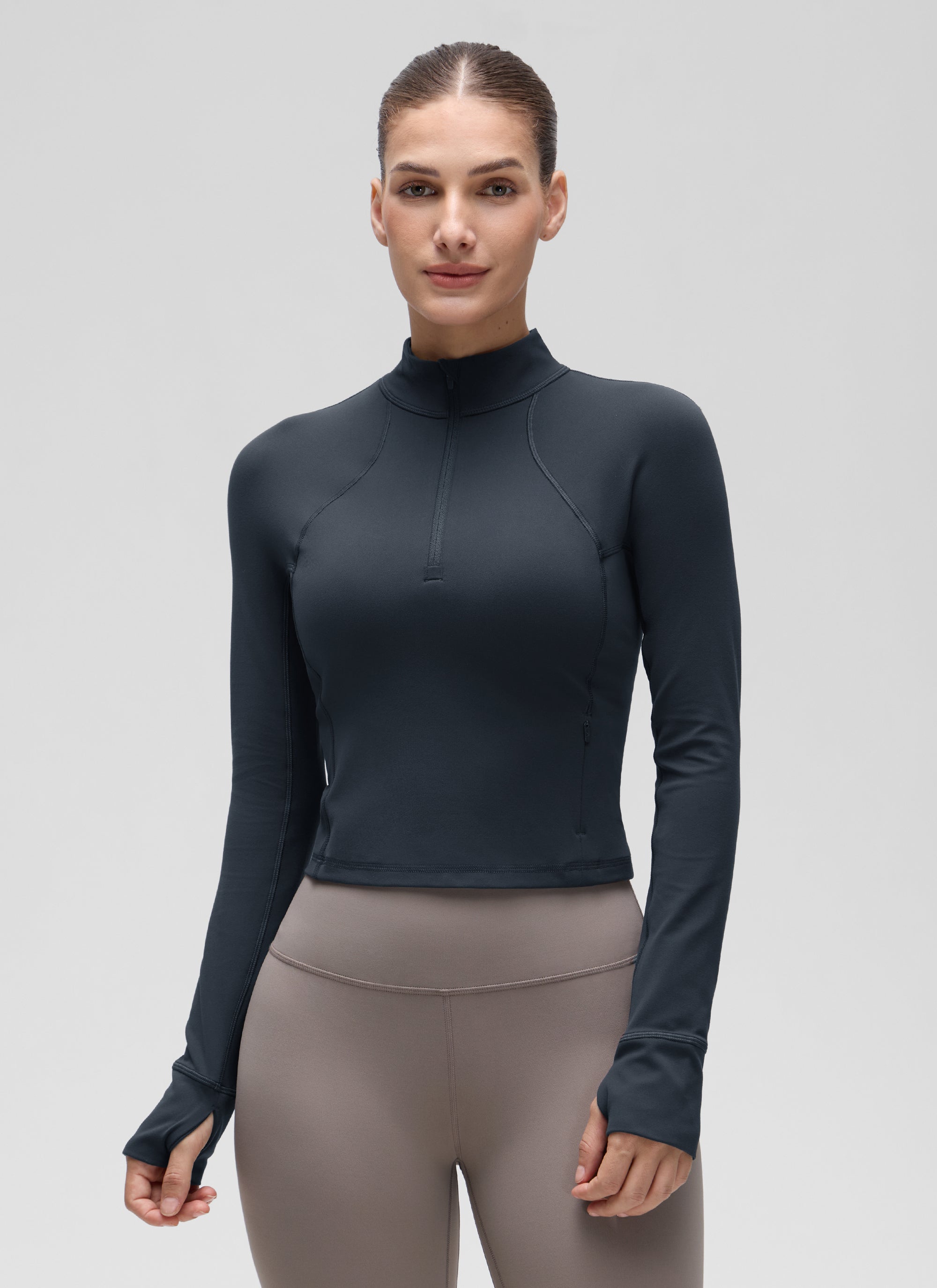 CRZ YOGA Women's Yoga Slim Fit Tops Butterluxe Half-Zip Long Sleeve True Navy @model_info:Jaynne