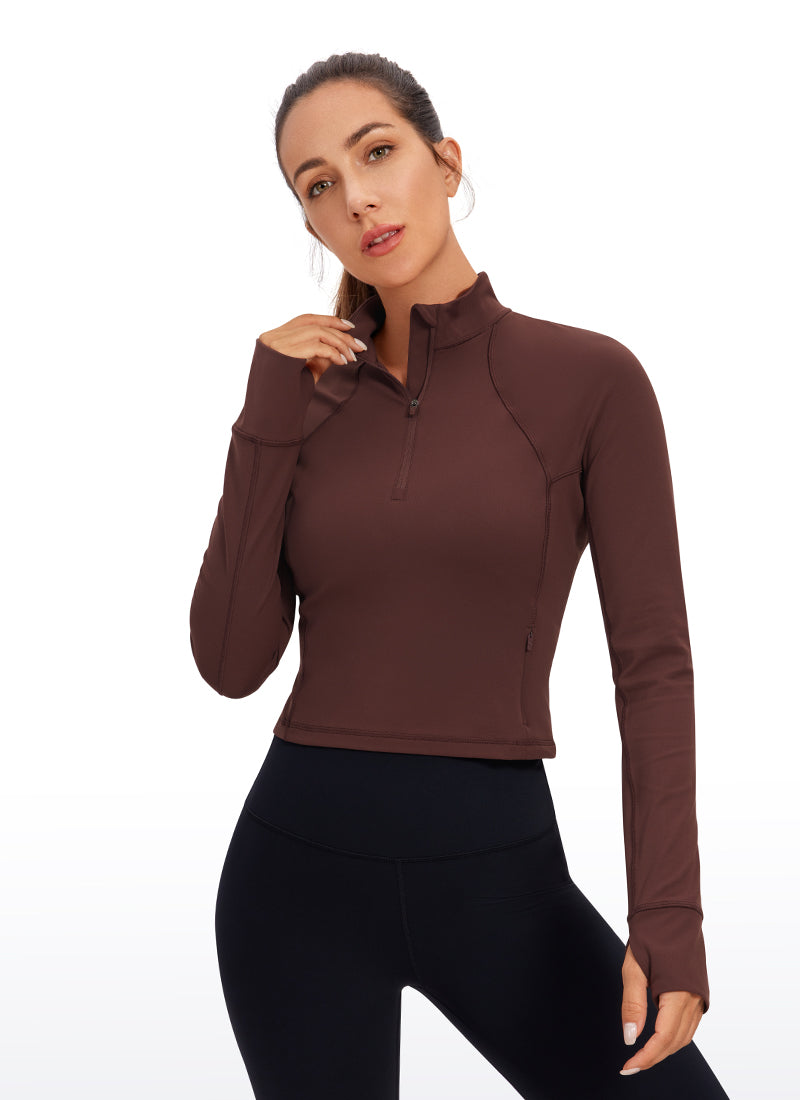 CRZ YOGA Women's Yoga Slim Fit Tops Butterluxe Half-Zip Long Sleeve Taupe