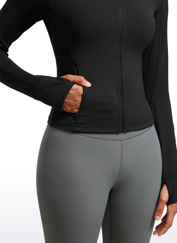 CRZ YOGA Women's Butterluxe Cropped Pocket Outerwear Full Zip Jackets Black