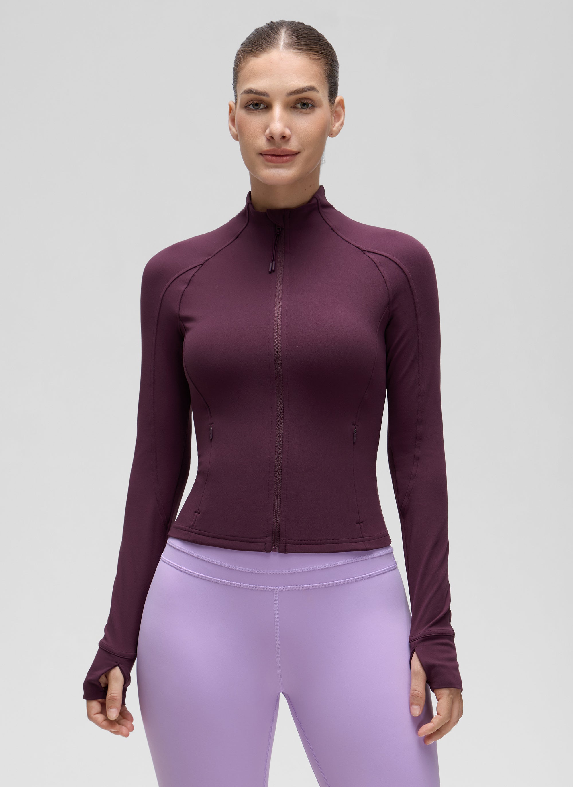 CRZ YOGA Women's Butterluxe Cropped Pocket Outerwear Full Zip Jackets Deep Purple @model_info:J