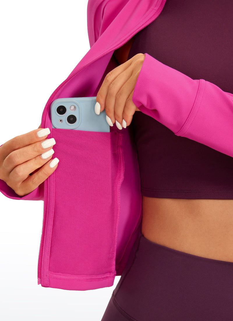 CRZ YOGA Women's Butterluxe Cropped Pocket Outerwear Full Zip Jackets Hibiscus Purple @model_info:D