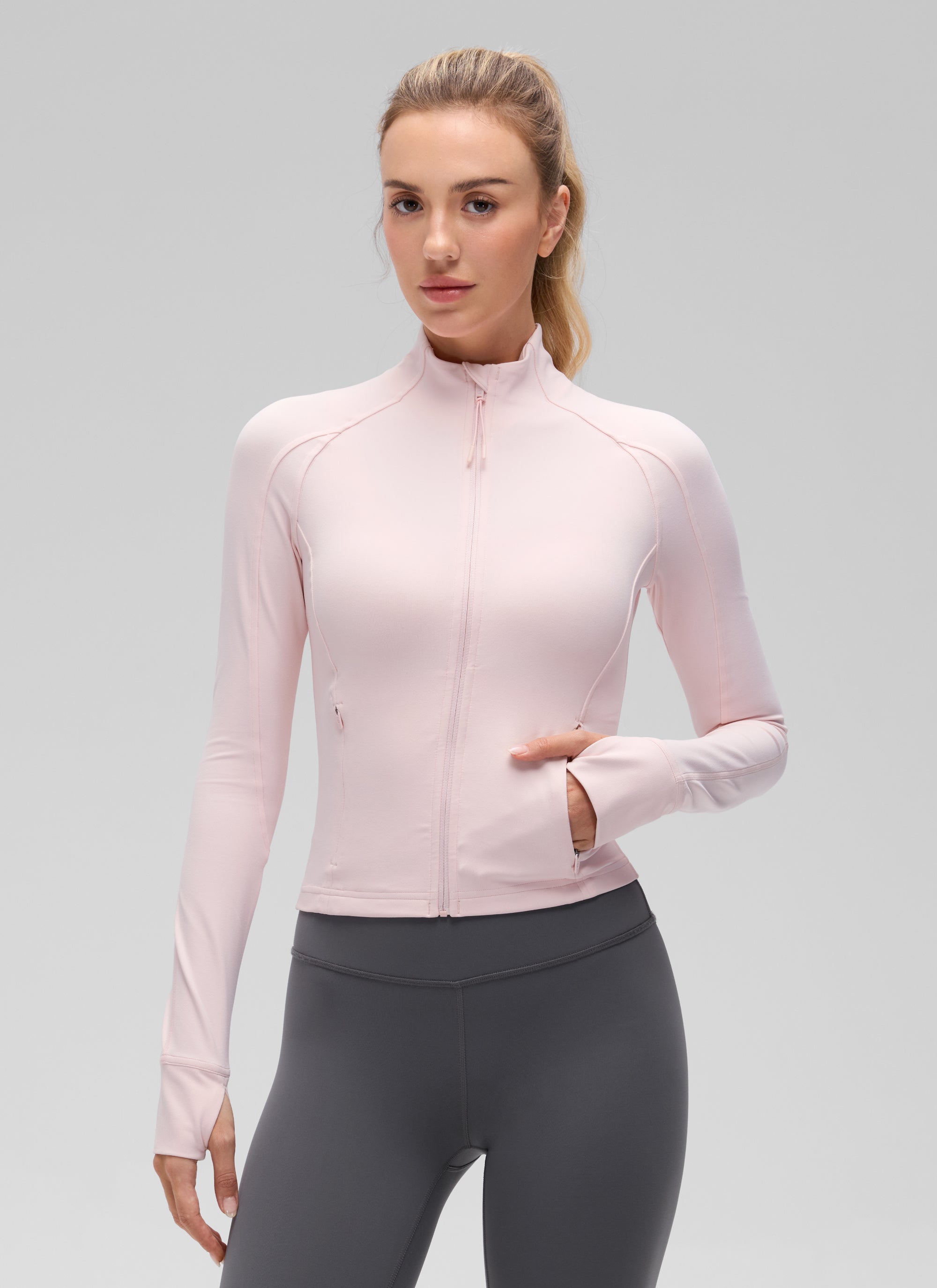 CRZ YOGA Women's Butterluxe Cropped Pocket Outerwear Full Zip Jackets Strawberry Pink @model_info:Anna