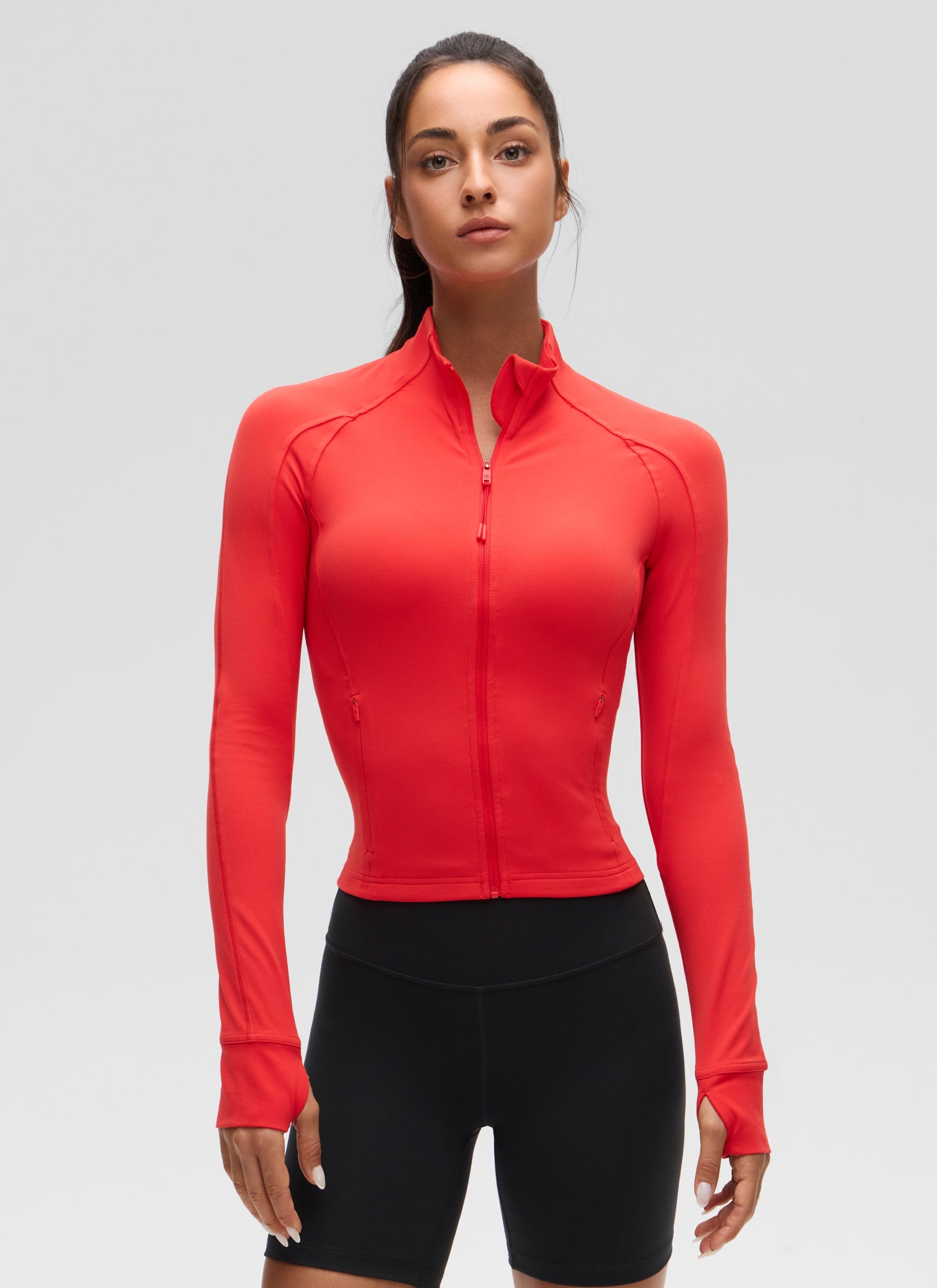 CRZ YOGA Women's Butterluxe Cropped Pocket Outerwear Full Zip Jackets Deep Red @model_info:Isidora