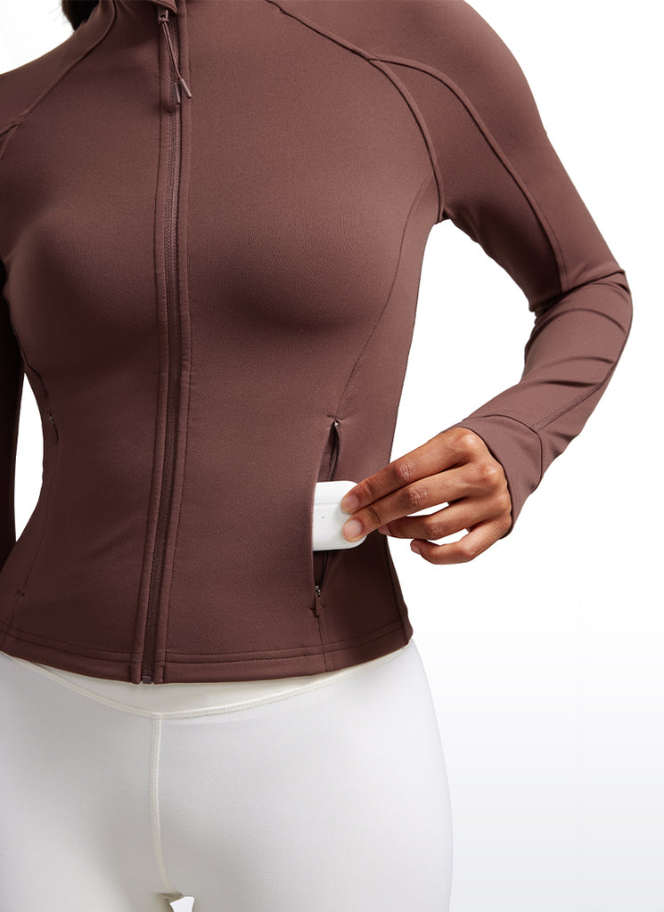 CRZ YOGA Women's Butterluxe Cropped Pocket Outerwear Full Zip Jackets Taupe