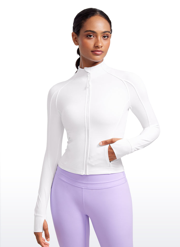 CRZ YOGA Women's Butterluxe Cropped Pocket Outerwear Full Zip Jackets Taupe