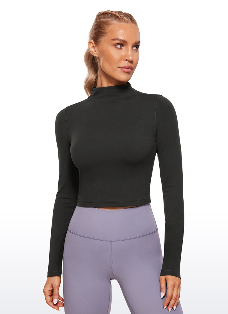 CRZ YOGA Women's Slim Fit Butterluxe Yoga Crop Long Sleeves Mock Turtleneck Grey Sage