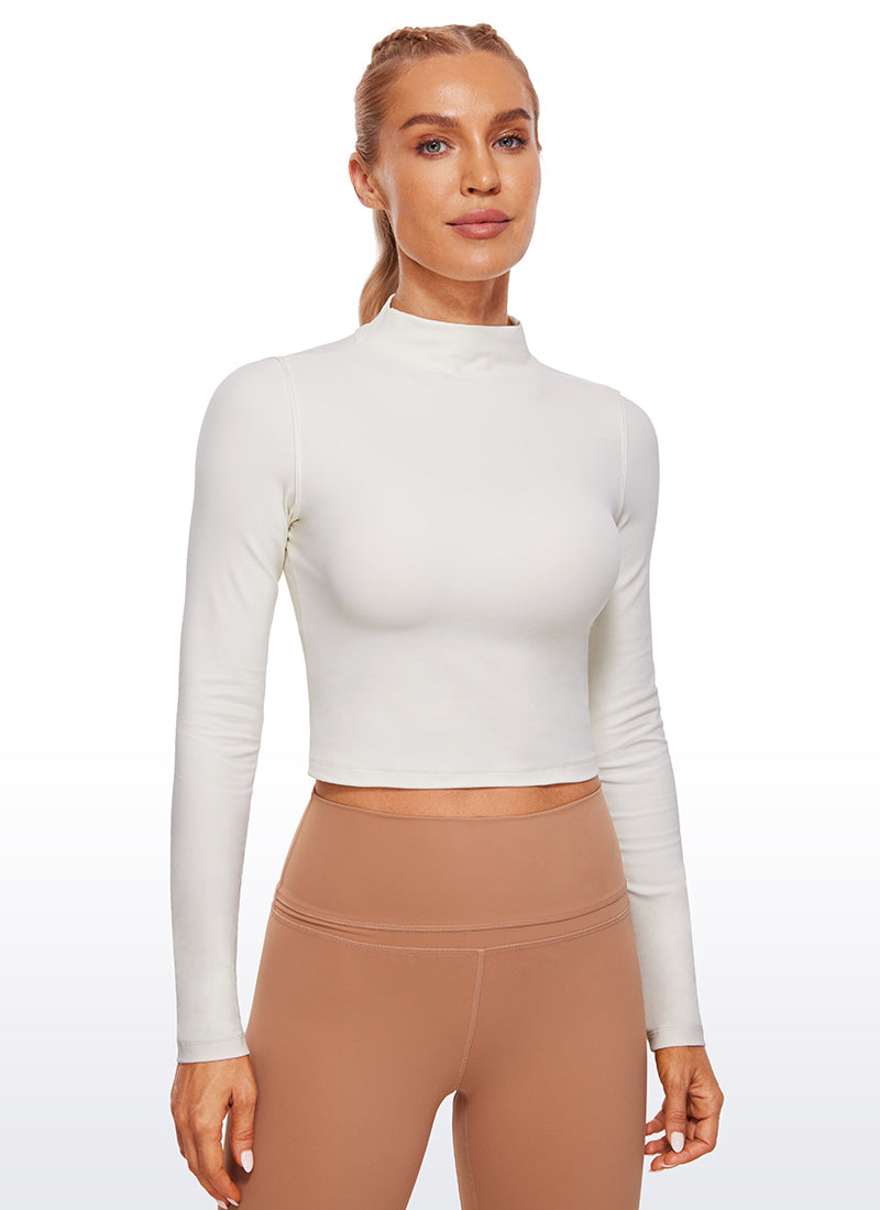 CRZ YOGA Women's Slim Fit Butterluxe Yoga Crop Long Sleeves Mock Turtleneck White Apricot