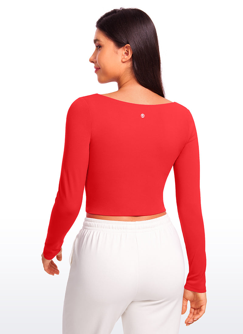 CRZ YOGA Women's Tight Fit Butterluxe Yoga Crop Long Sleeves Square Neck Sparkle Blue