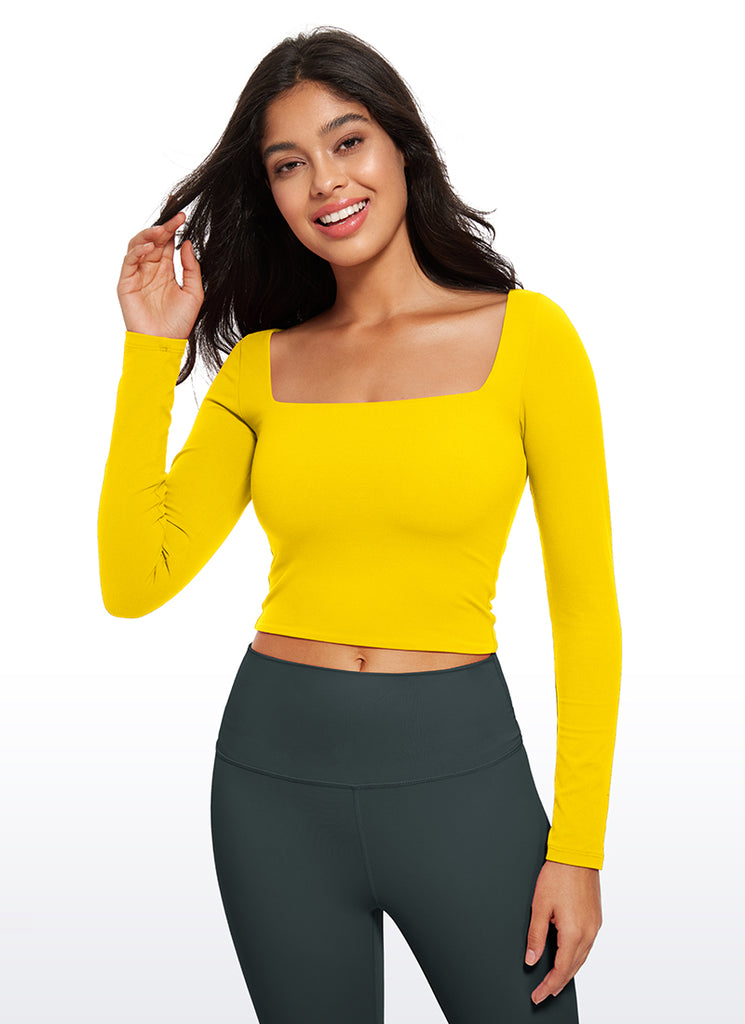 CRZ YOGA Women's Tight Fit Butterluxe Yoga Crop Long Sleeves Square Neck Light Army Green