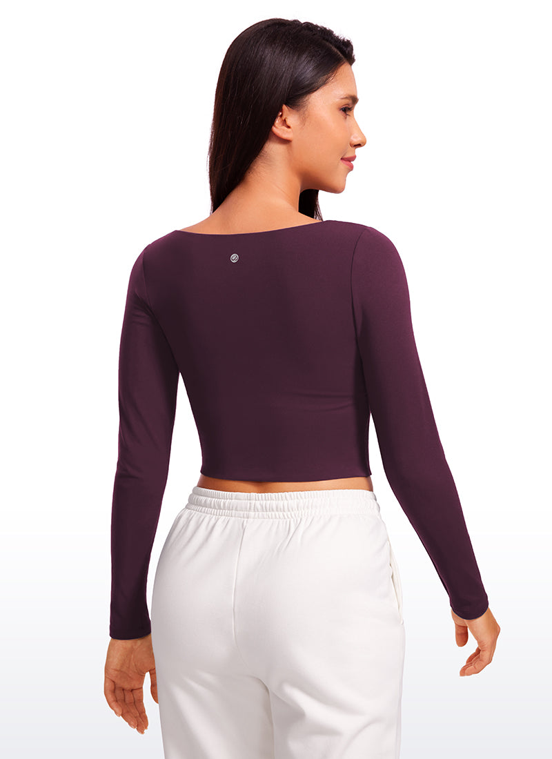 CRZ YOGA Women's Tight Fit Butterluxe Yoga Crop Long Sleeves Square Neck Black