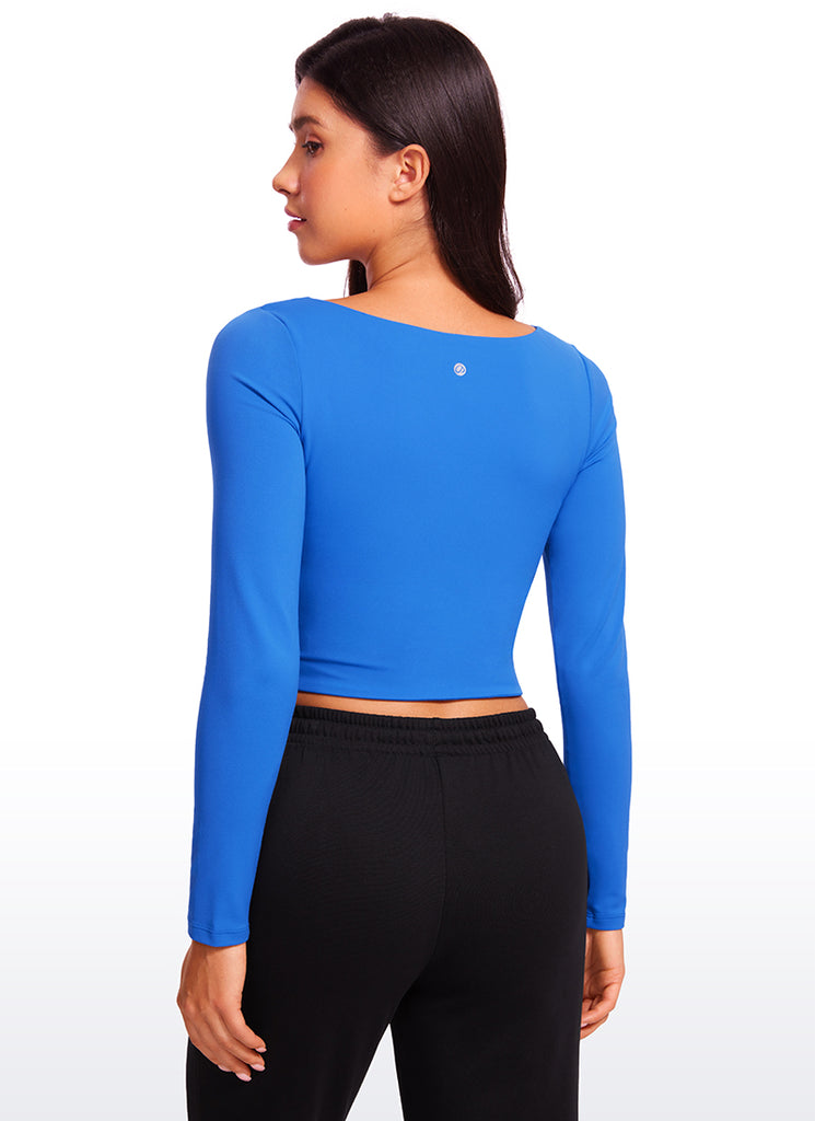 CRZ YOGA Women's Tight Fit Butterluxe Yoga Crop Long Sleeves Square Neck Sparkle Blue