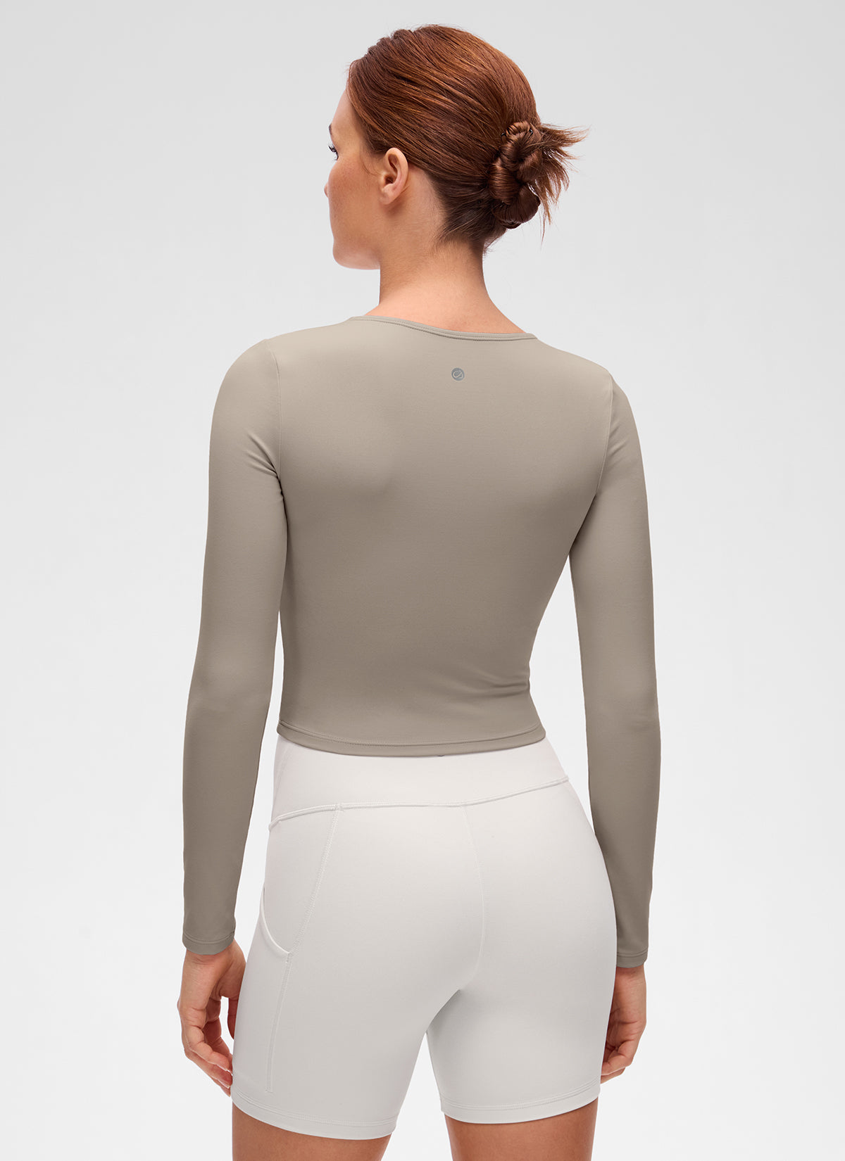 CRZ YOGA Women's Slim Fit Yoga Butterluxe Crop Long Sleeves Front Seam Warm Ash Grey @model_info:Anja