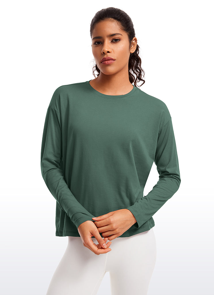 CRZ YOGA Women's Casual Loose Fit Pima Cotton Long Sleeves Crew Neck Green Jade