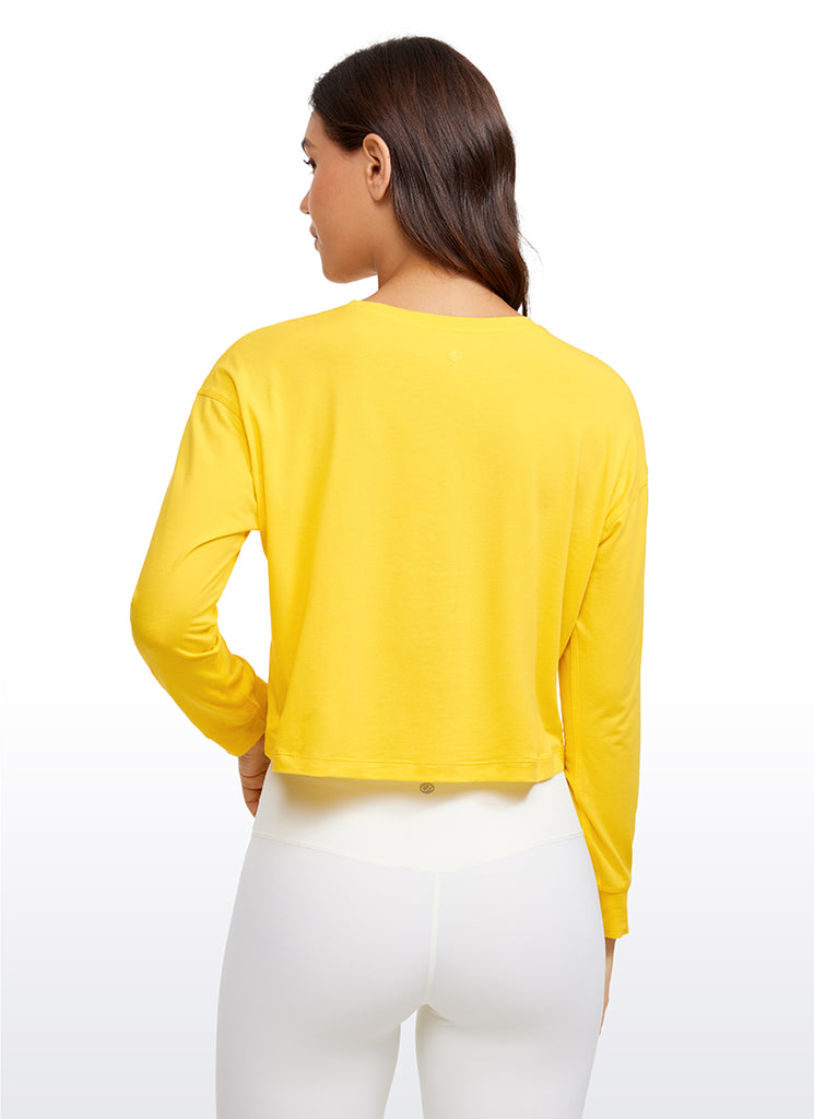 CRZ YOGA Women's Yoga Loose Fit Tops Pima Cotton Cropped Long Sleeve White