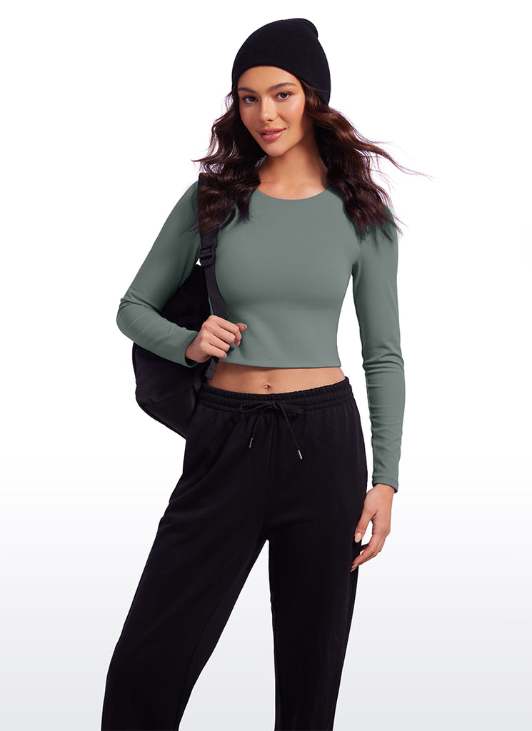 CRZ YOGA Women's Yoga Casual Tight Fit Butterluxe Cropped Long Sleeves Grey Sage