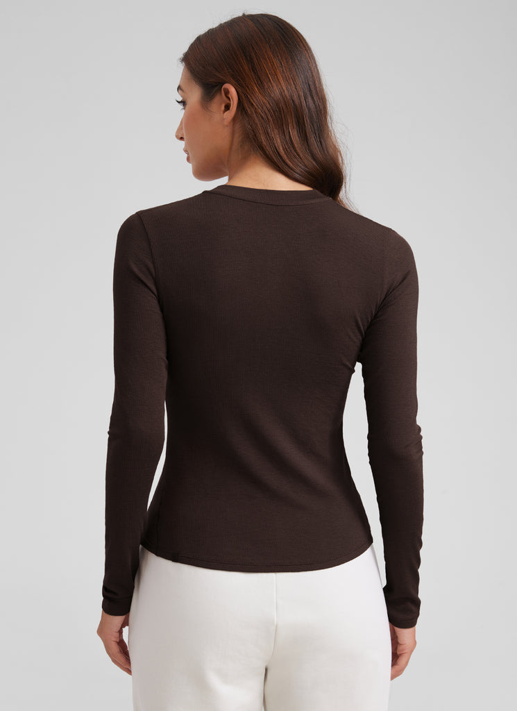 CRZ YOGA Womens Fitted Casual Ribbed Modal Henley Shirts Long Sleeves Hot Fudge Brown