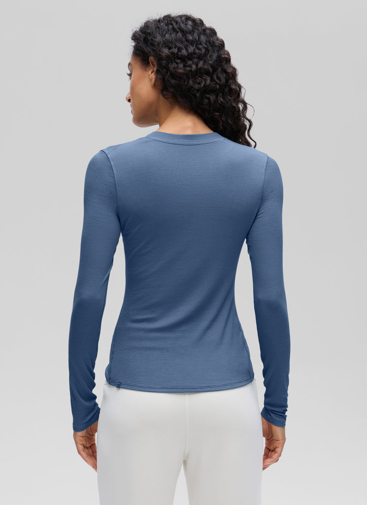 CRZ YOGA Womens Fitted Casual Ribbed Modal Henley Shirts Long Sleeves Pink Peony