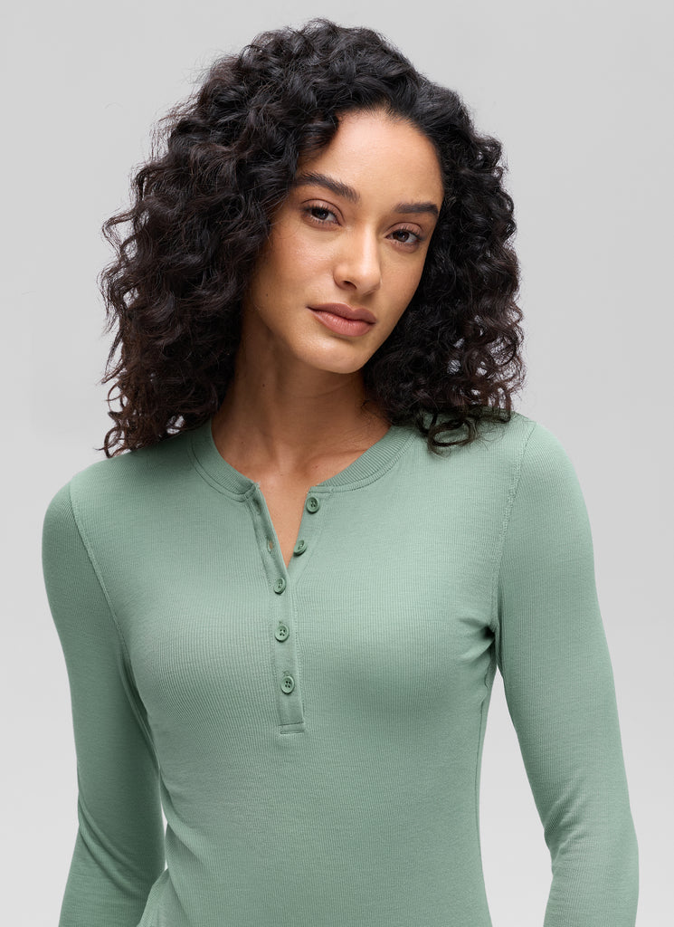 CRZ YOGA Womens Fitted Casual Ribbed Modal Henley Shirts Long Sleeves Mojave Tan