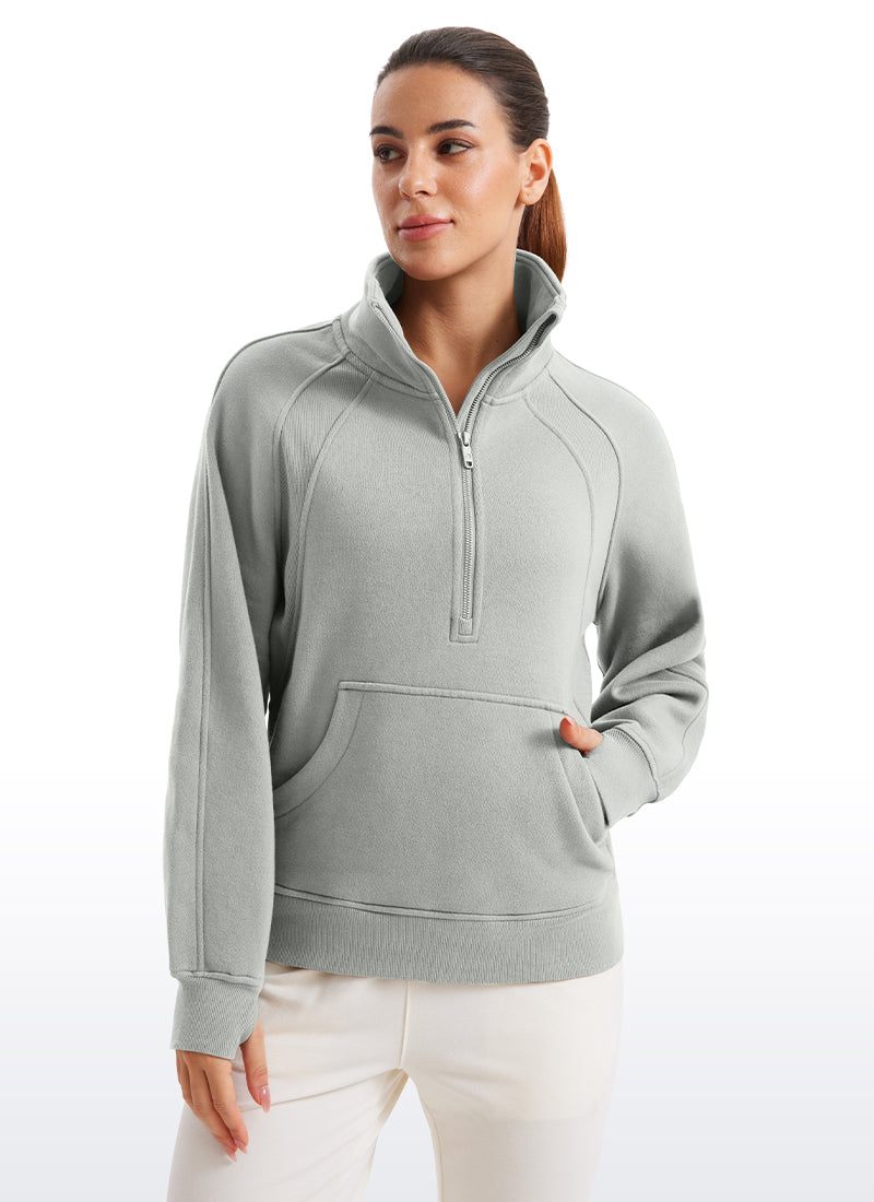 Fleece Lined Half Zip Hip-Length Hoodies Funnel Neck with Thumb Holes