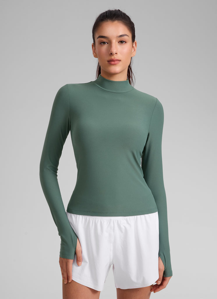 CRZ YOGA Women's Cloudweight Workout Mock Neck Hip Length Long Sleeves Graphite Green