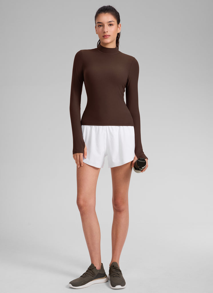 CRZ YOGA Women's Cloudweight Workout Mock Neck Hip Length Long Sleeves White Opal