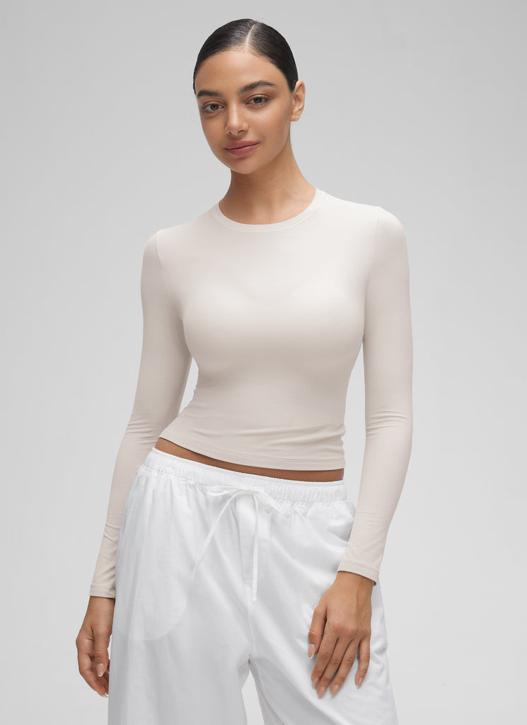 CRZ YOGA Women's Crew Neck Tight Fit Long Sleeve Shirts Casual Tee Milky White