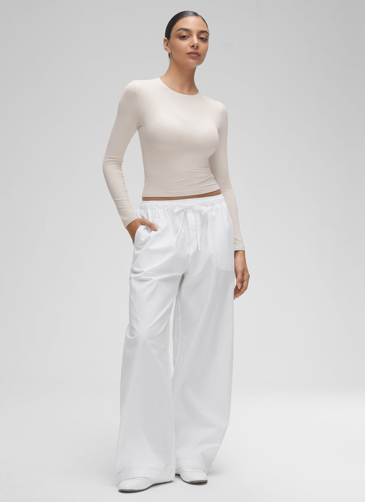 CRZ YOGA Women's Crew Neck Tight Fit Long Sleeve Shirts Casual Tee Milky White