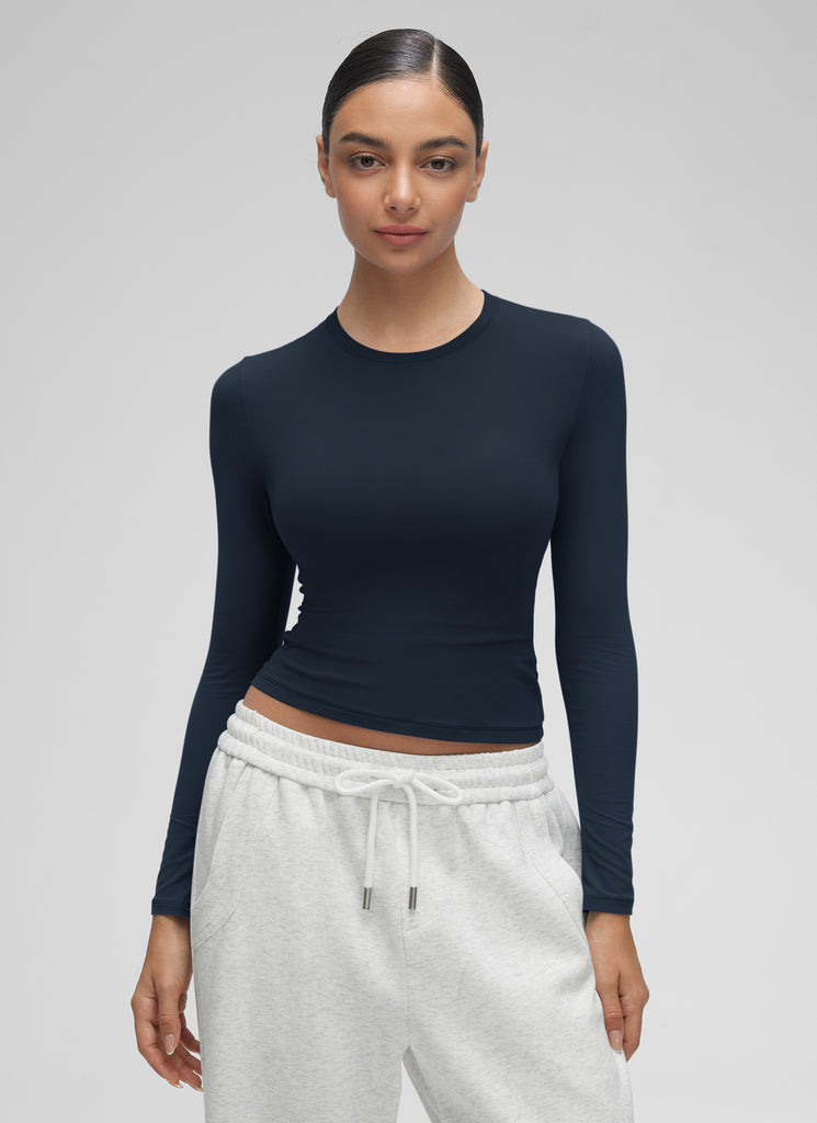 CRZ YOGA Women's Crew Neck Tight Fit Long Sleeve Shirts Casual Tee Sparkle Blue