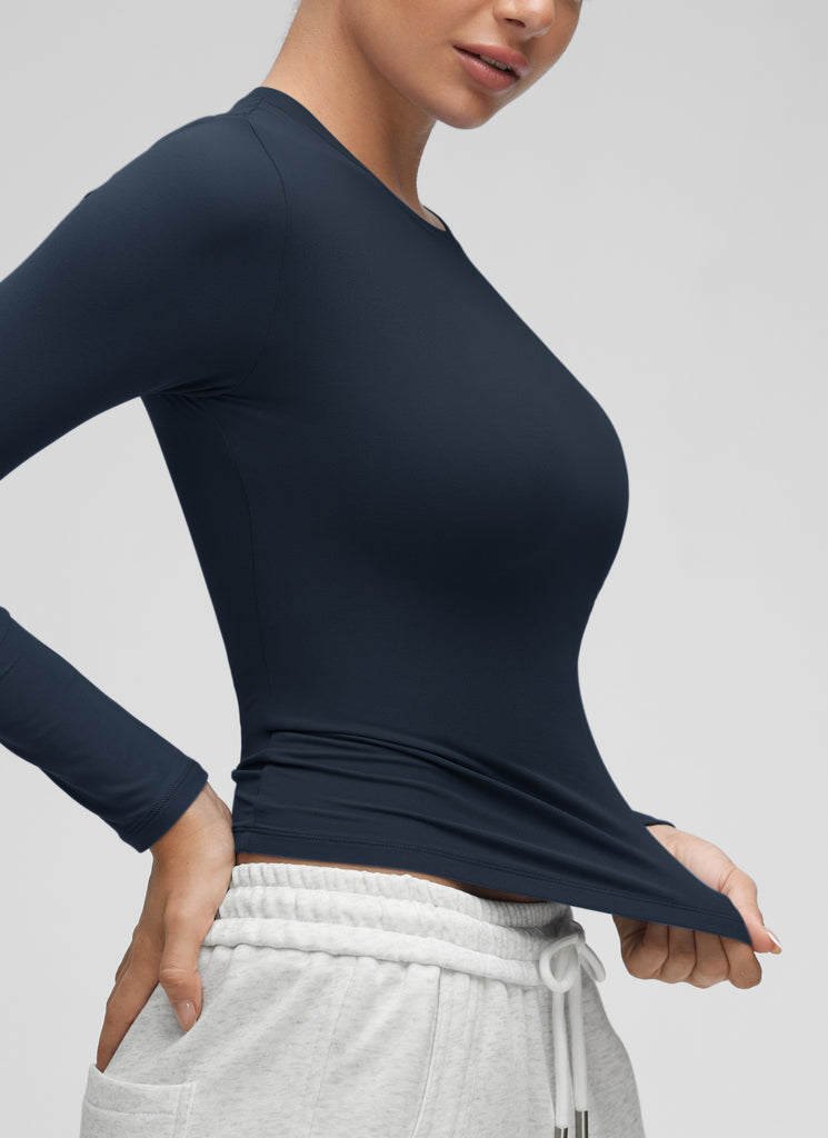 CRZ YOGA Women's Crew Neck Tight Fit Long Sleeve Shirts Casual Tee Sparkle Blue