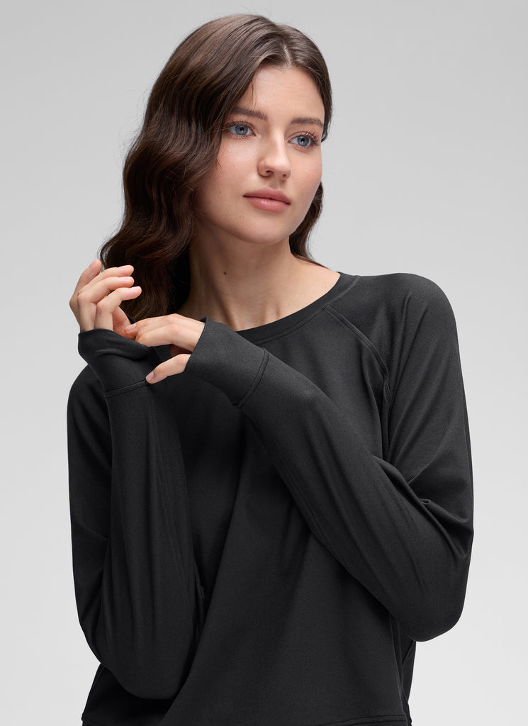 CRZ YOGA Women Casual Lightweight Relaxed Fit Long Sleeves Crew Neck Black