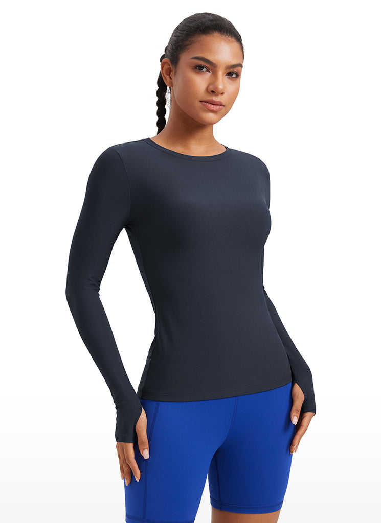 CRZYOGA Women's Cloudweight Workout Crewneck Long Sleeve Thumb Hole White