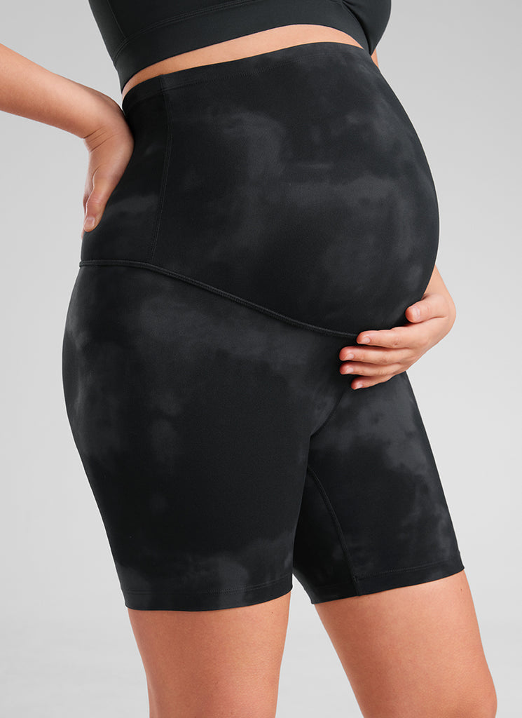 CRZ YOGA Women's Maternity Biker Shorts Super High Rise Butterluxe 6'' Black Tie Dye Flowers