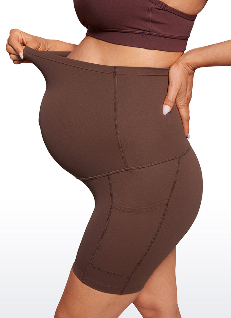 CRZ YOGA Women's Maternity Biker Shorts with Pockets Super High Rise Butterluxe 5'' Coffee Brown