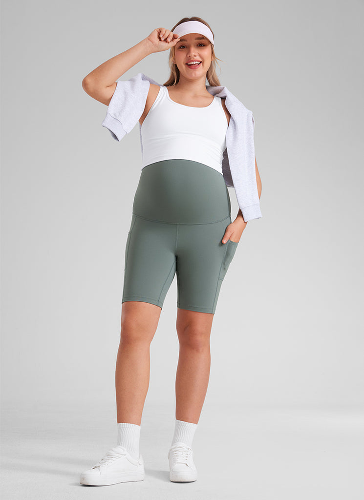 CRZ YOGA Women's Maternity Biker Shorts with Pockets Butterluxe 8'' Grey Sage