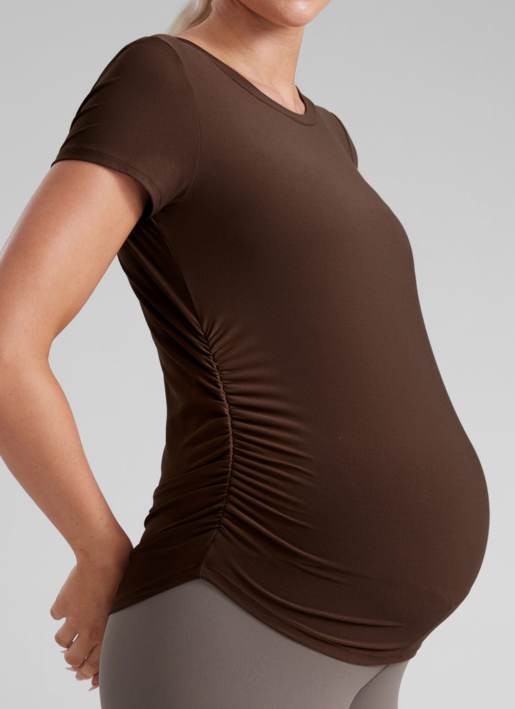 CRZ YOGA Women's Maternity Casual Shirts Short Sleeve Side Ruched Tops White Opal