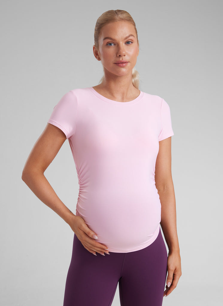 CRZ YOGA Women's Maternity Casual Shirts Short Sleeve Side Ruched Tops Pink Peony