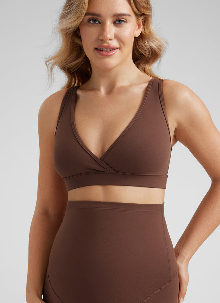 CRZ YOGA Women Butterluxe Maternity Nursing Bras Crossover Wireless Coffee Brown