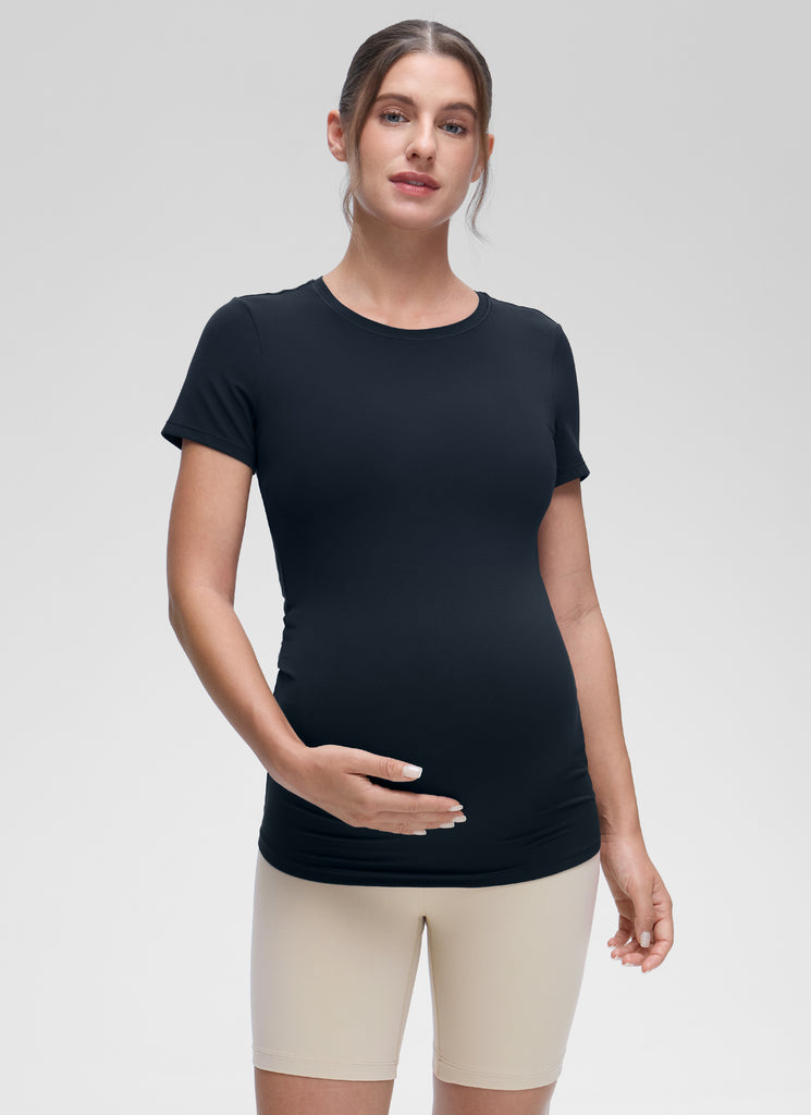CRZ YOGA Women Casual Slim Fit Maternity Short Sleeves Crew Neck Hot Fudge Brown