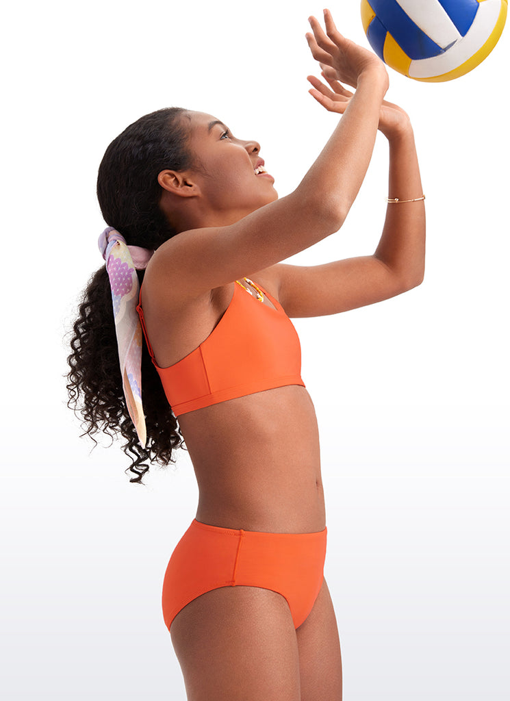 CRZ YOGA Girls Swim Bikini Set Scoop Neck Mid Rise Bottom Swimsuit Coral